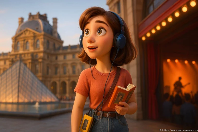 Jeune fille écoute musique devant musée Louvre