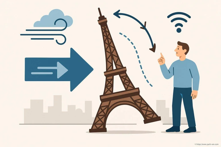 Illustration tour Eiffel penchée et homme