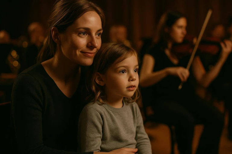 Mère et enfant écoutant un concert de violon