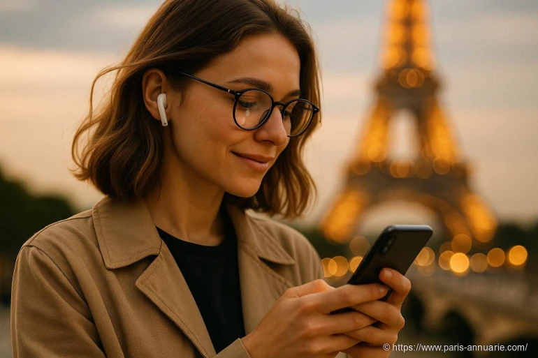 Femme utilisant smartphone près tour Eiffel