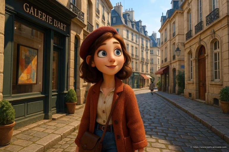 Jeune femme animée devant galerie d'art