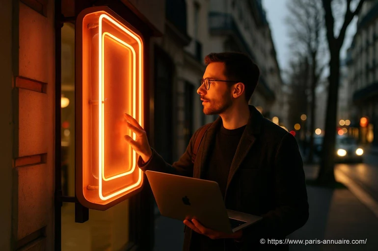Homme consultant une vitrine lumineuse au crépuscule