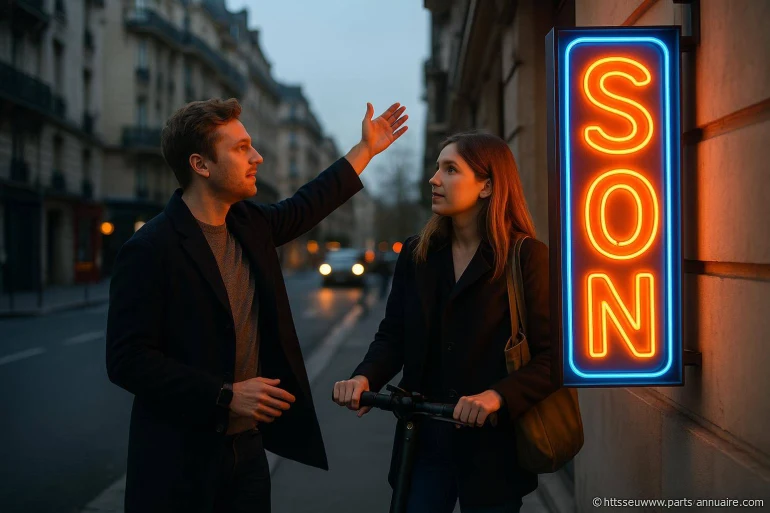 Discussion homme femme devant enseigne néon