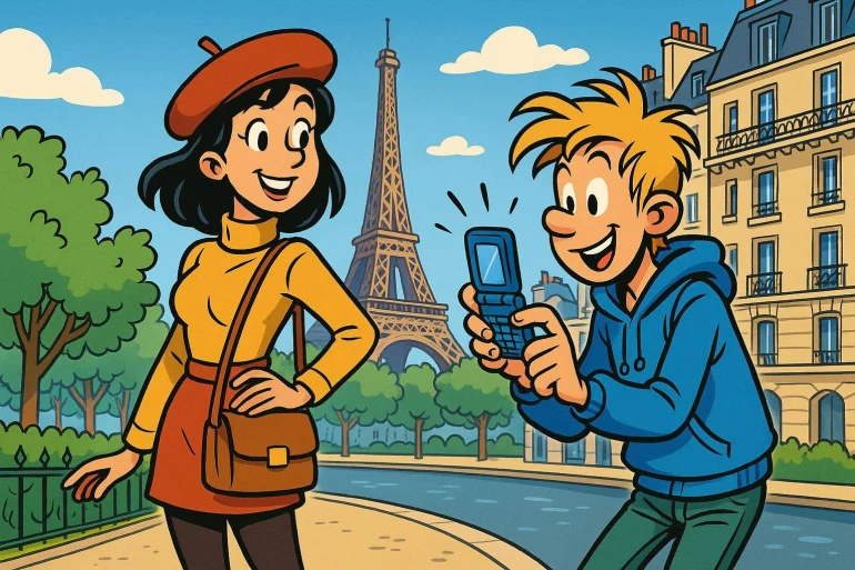 Jeunes touristes à Paris avec téléphone