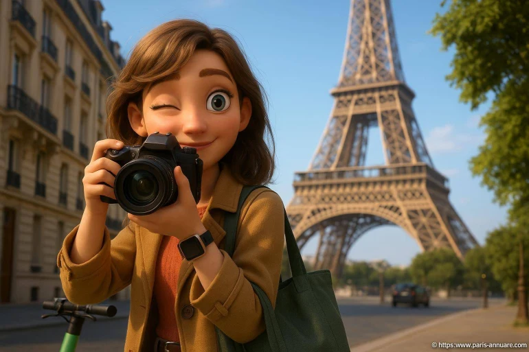 Femme animée prenant photo tour Eiffel