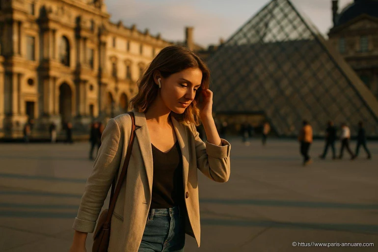 Femme avec écouteurs devant pyramide du Louvre