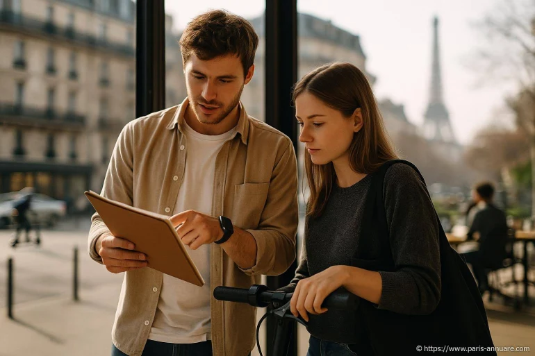 Jeunes touristes consultent une tablette à Paris