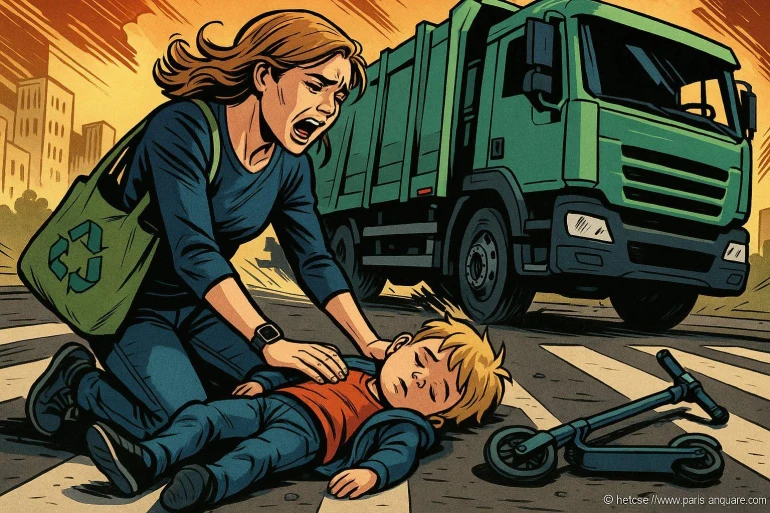 Femme paniquée avec enfant blessé sur route