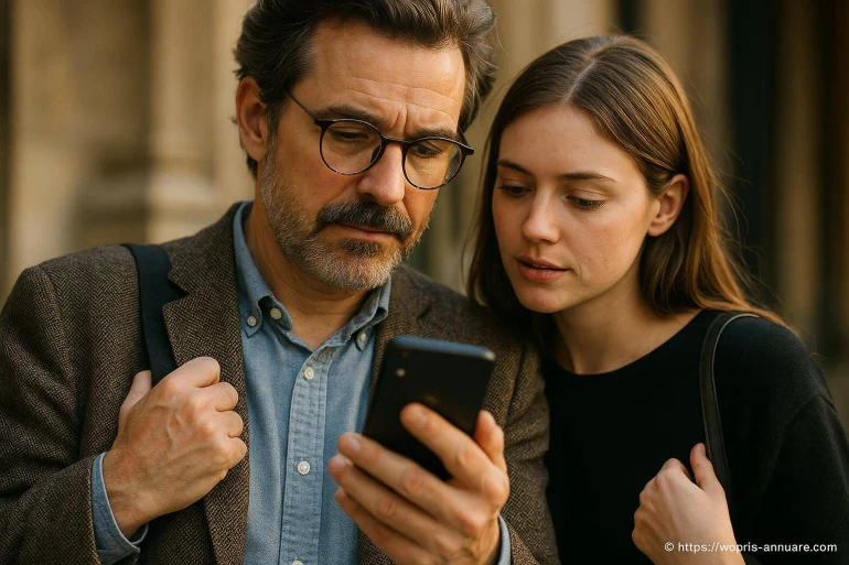 Homme et femme regardant un smartphone