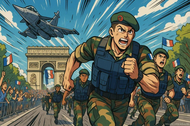 Soldats français courant devant arc de triomphe