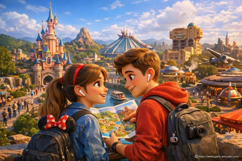 Jeune couple visitant parc d'attractions Disney