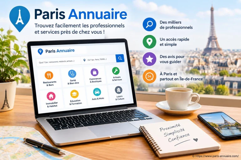 Ordinateur affichant annuaire professionnel Paris