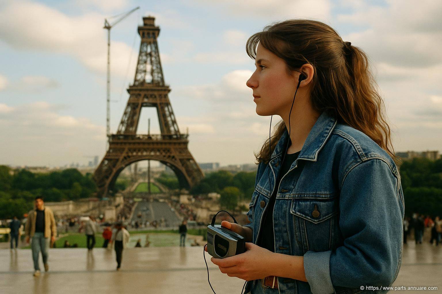 Jeune femme avec baladeur devant tour Eiffel