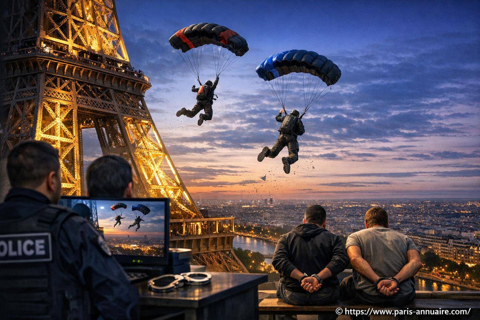 Paris : deux hommes en garde à vue après un saut en parachute depuis la tour eiffel